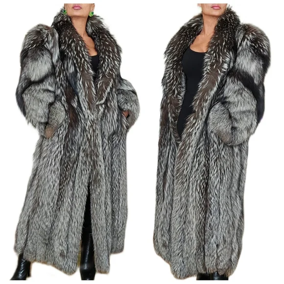 Vintage Genuine "Chubby" Fluffy Silver Indigo Fox Fur Full Length Coat - Picture 4 of 13
